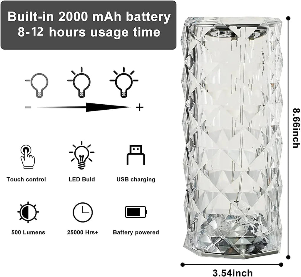 Xergy Crystal Table Lamp, 3 Color Changing Rose Diamond Night Light
