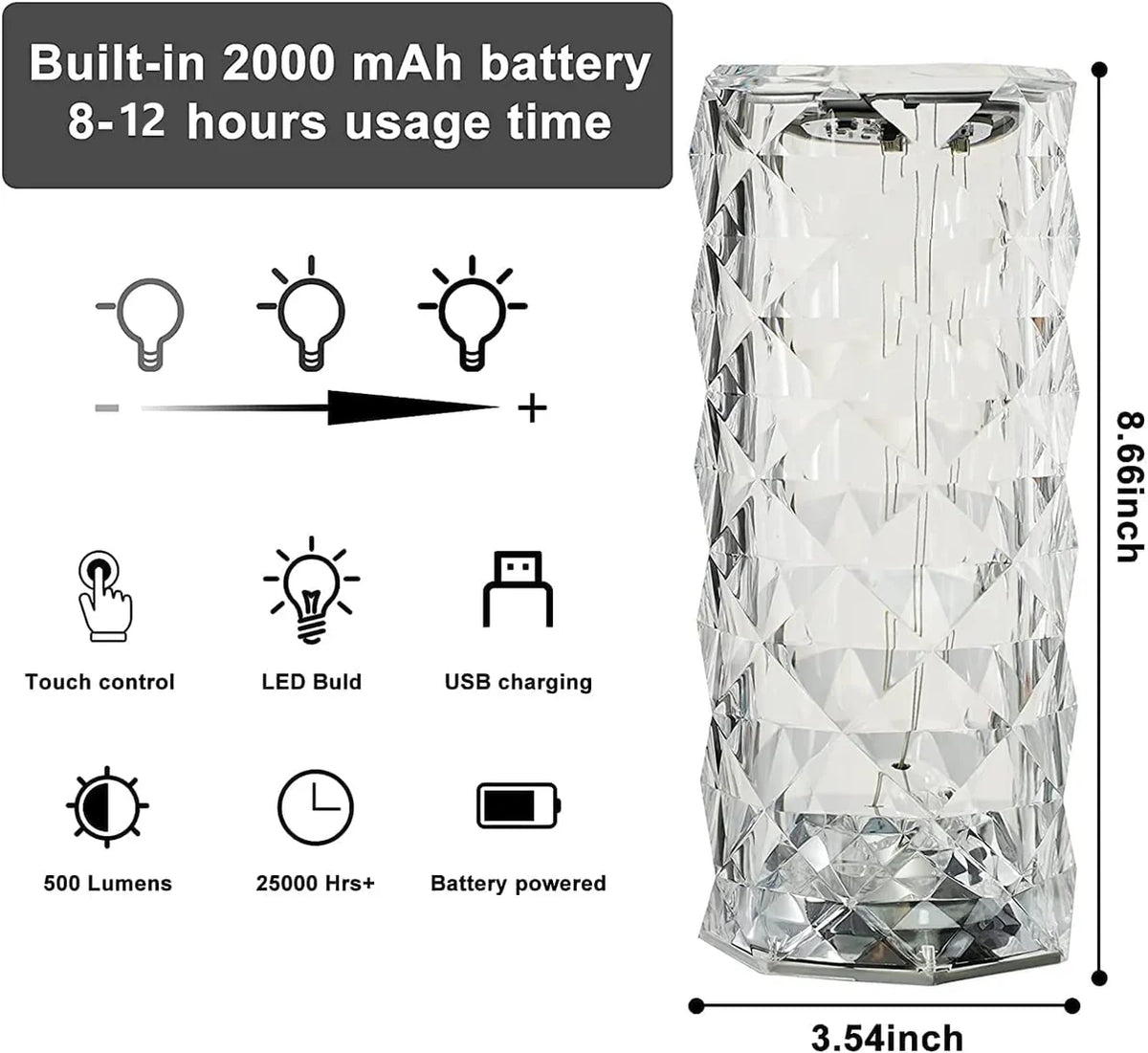 Xergy Crystal Table Lamp, 3 Color Changing Rose Diamond Night Light